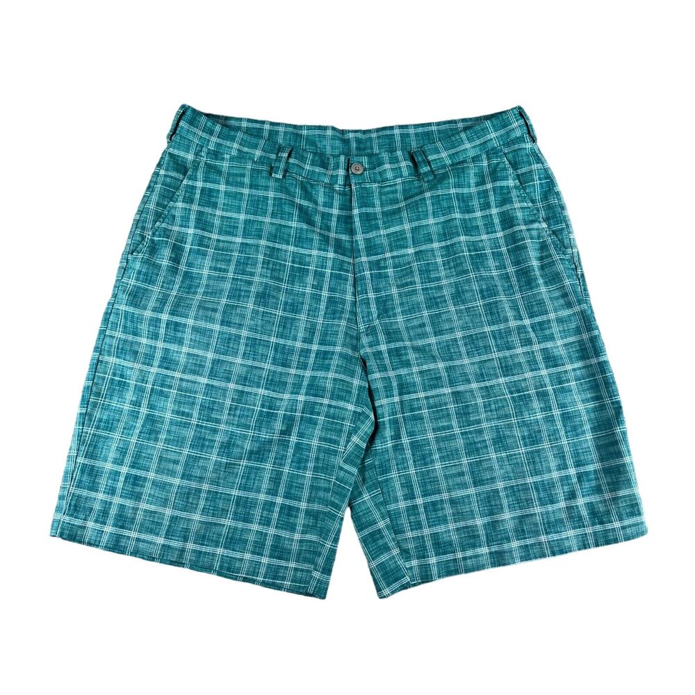 PGA Tour Shorts Mens 36 Blue Plaid Golf Stretch Moisture Wicking Pockets Zipper